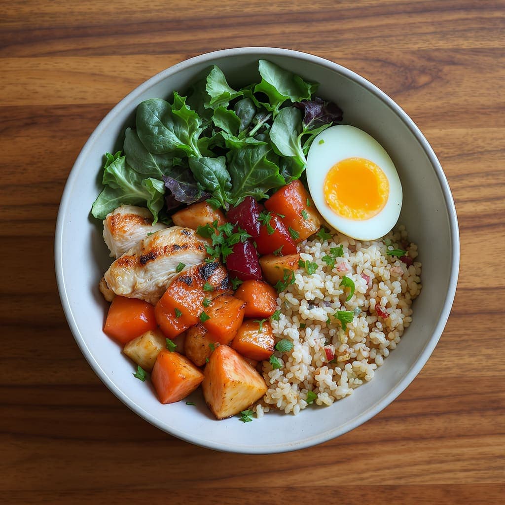 An overhead view of a high-protein meal-prep bowl with grilled poultry, roasted vegetables, brown rice and a soft boiled egg.