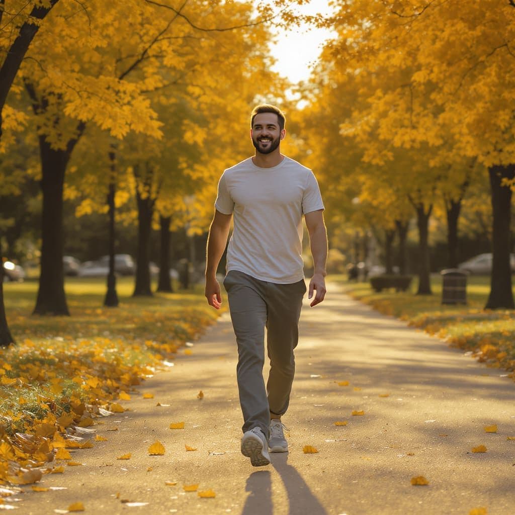 A person in their forties walking calmly along a tree-lined path in golden hour light.