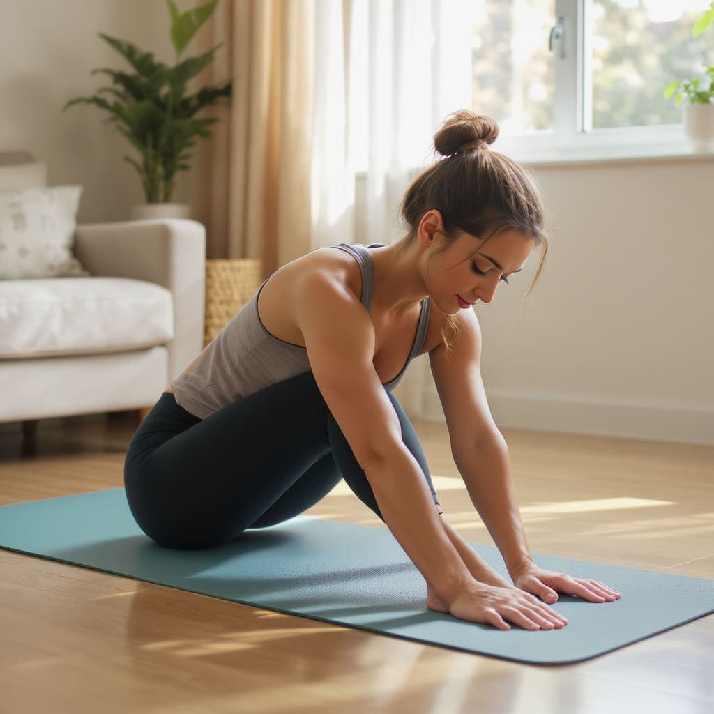 A young woman sitting on a yoga mat doing a friendly beginner floor stretch in a sunlit living room.